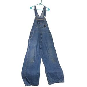 Berne Mens Denim Bib Overalls Medium Wash Blue Workwear Utility Distressed FLAWS